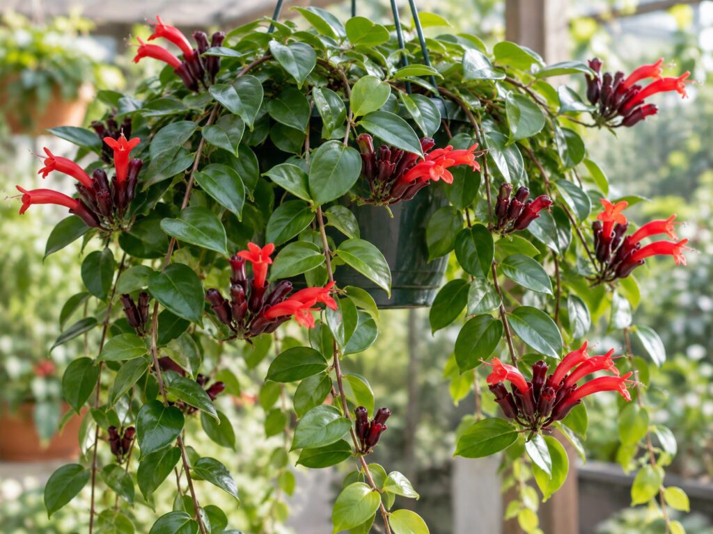 اسکینانتوس چیست؟ شناسایی و نگهداری Aeschynanthus radicans بازسازی تصویری اسکینانتوس با برگهای چرمی و گلهای قرمز لولهای
