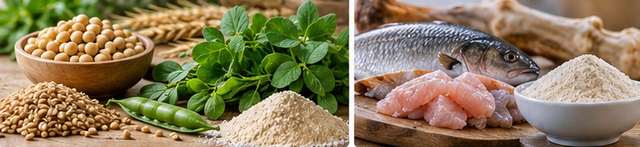 منابع پروتئینی گیاهی مانند سویا و غلات در کنار منابع حیوانی مانند ماهی