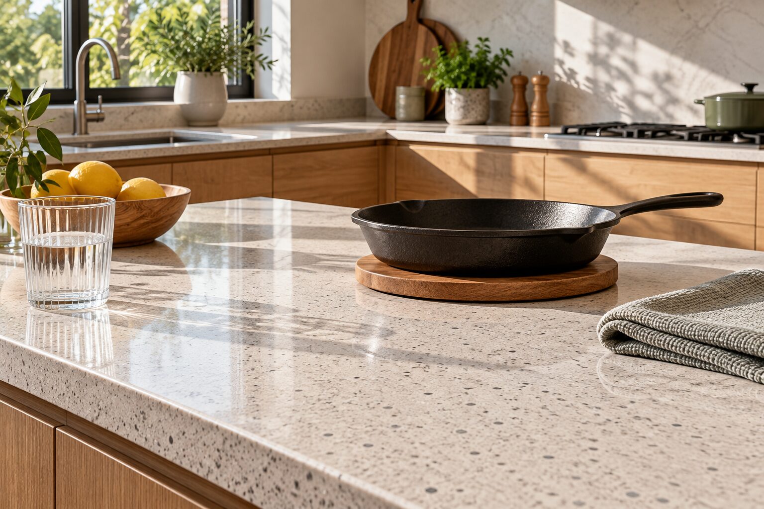 ماهیتابه داغ روی زیرقابلمه‌ای چوبی در صفحه روشن آشپزخانه