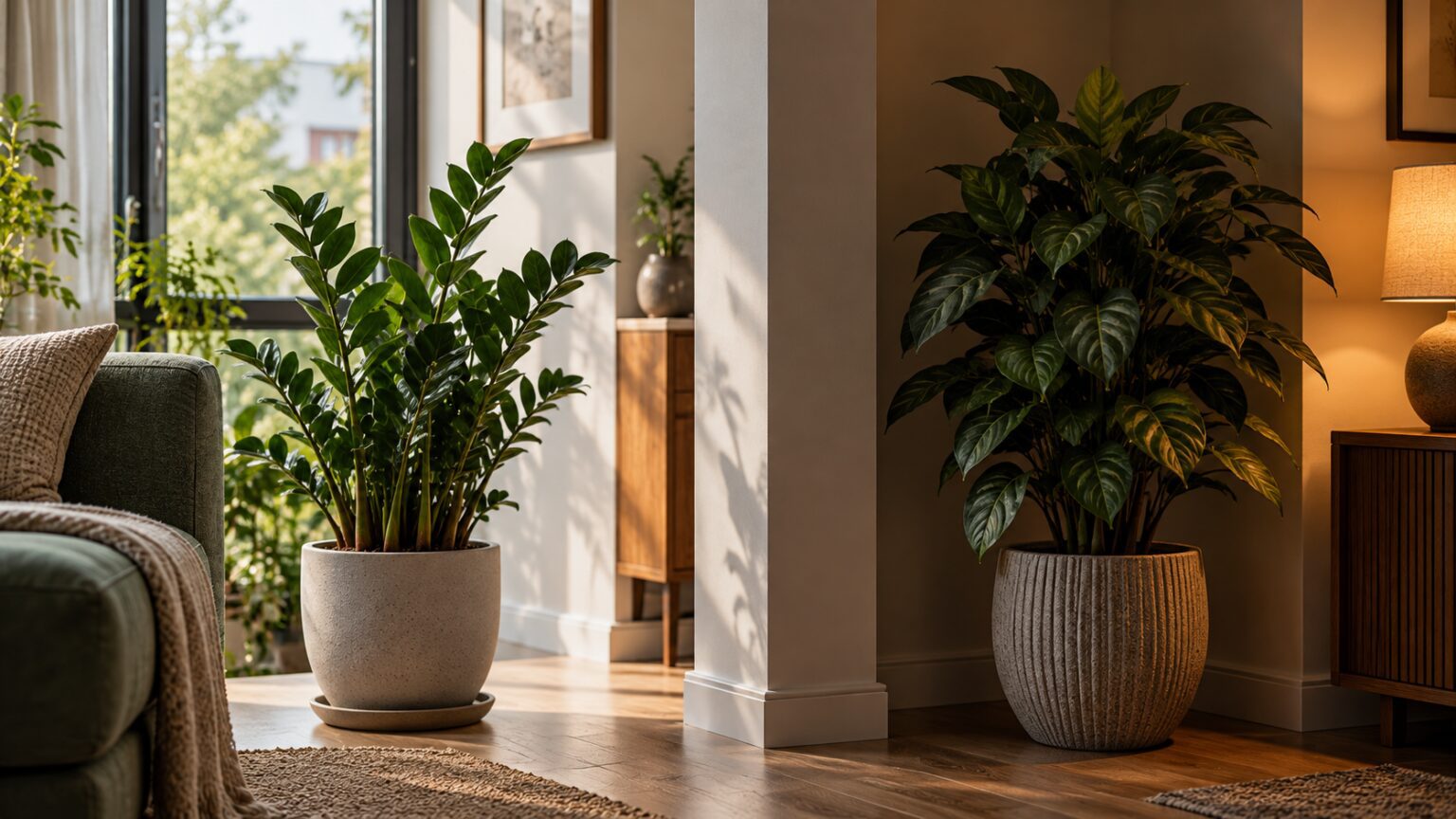 گیاه طبیعی یا مصنوعی برای فضای کمنور؟ راهنمای انتخاب بر اساس نور، نگهداری و ظاهر خانهای با پنجره روشن و گیاه زنده در سمت چپ، گوشه کمنور با چیدمان تزئینی گیاهی در سمت راست