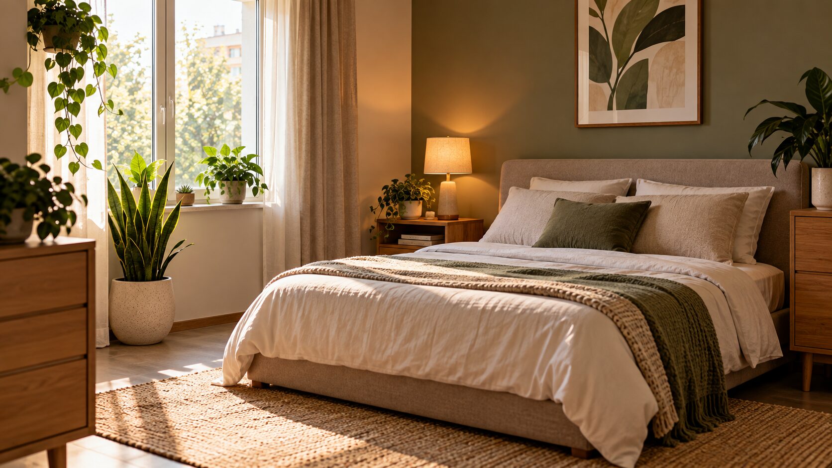 اتاق خواب با چند گلدان در نزدیکی پنجره و نور طبیعی یک‌طرفه