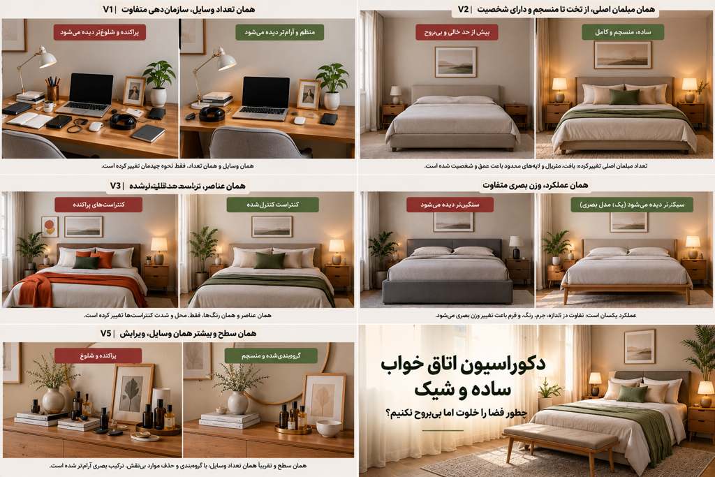 اتاق خواب ساده و شیک با چیدمان منسجم و کنتراست کنترل‌شده
