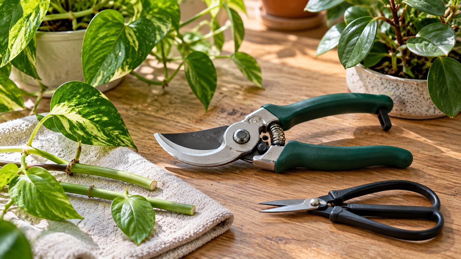 قیچی هرس گیاهان آپارتمانی چه ویژگیهایی باید داشته باشد؟ تیغه، دسته و ایمنی قیچی هرس کنارگذر دستهسبز و قیچی کوچک ظریف روی میز چوبی کنار ساقه پتوس و گلدانهای آپارتمانی