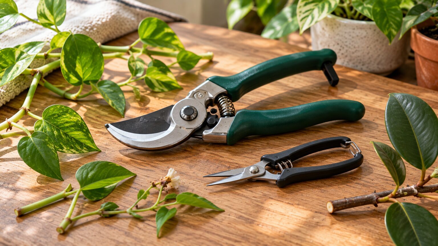 قیچی هرس معمولی یا قیچی ظریف؟ انتخاب ابزار برای ساقه نرم و شاخه چوبی قیچی هرس کنارگذر بزرگ و قیچی نوکباریک کوچک روی میز چوبی کنار ساقههای پتوس و گلدانهای سبز