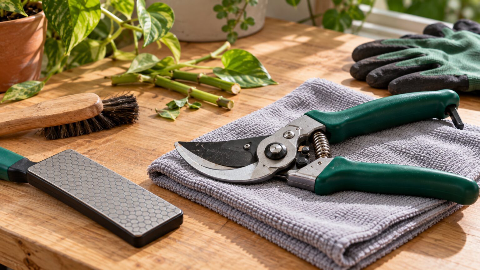 چه زمانی تیغه قیچی هرس نیاز به تیزکردن دارد؟ تشخیص کندی و روش ایمن قیچی هرس دستهسبز با تیغه خمیده روی حوله خاکستری کنار سنگ تیزکن الماسی و برس نرم در میز کار خانگی