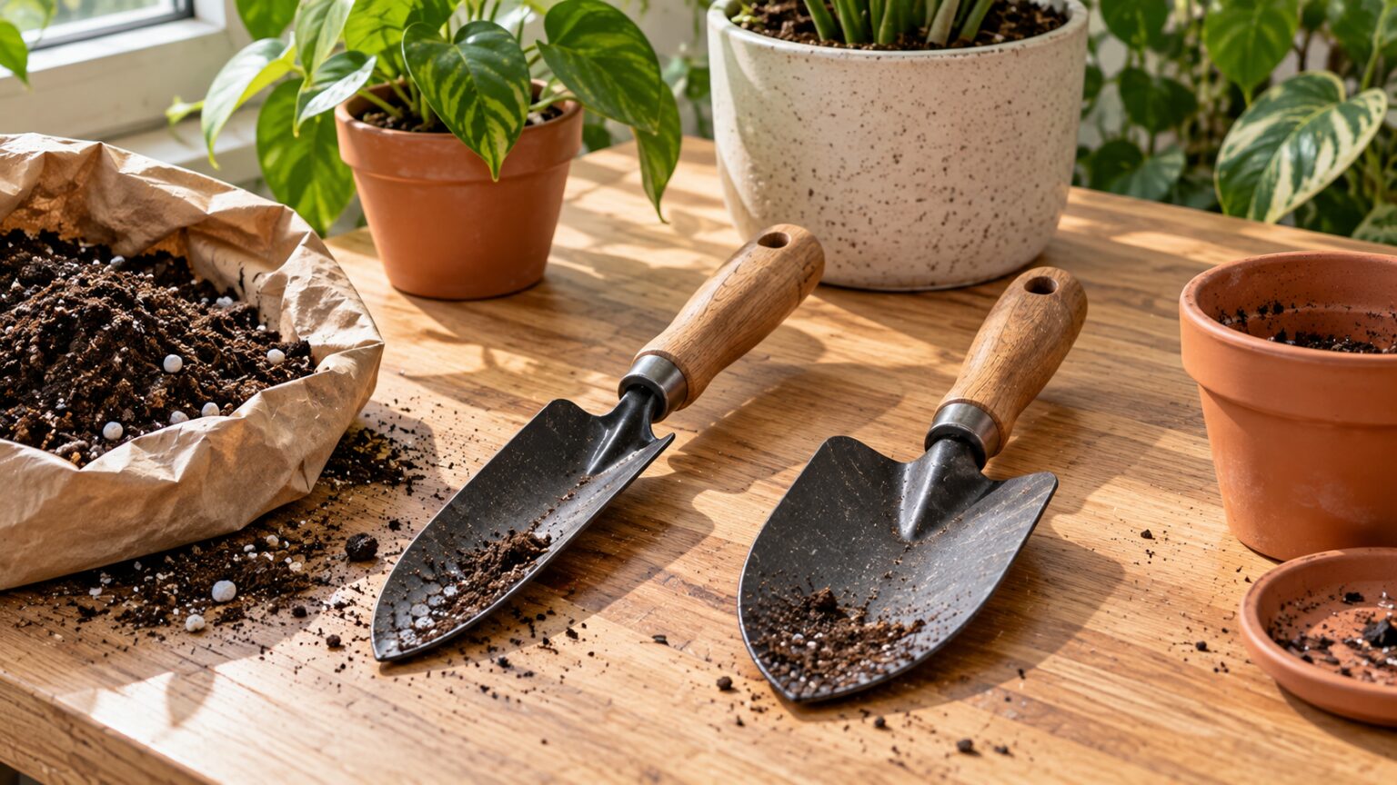 بیلچه باریک یا پهن؟ راهنمای انتخاب ابزار تعویض گلدان دو بیلچه باغبانی دستهچوبی کنار هم، یک بیلچه باریک و کشیده و دیگری پهن، کنار خاک گلدان و گیاهان آپارتمانی